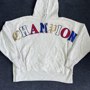 Champion Reverse Weave Hoodie Mens Large Gray Glitter Logo Graphic Sweatshirt